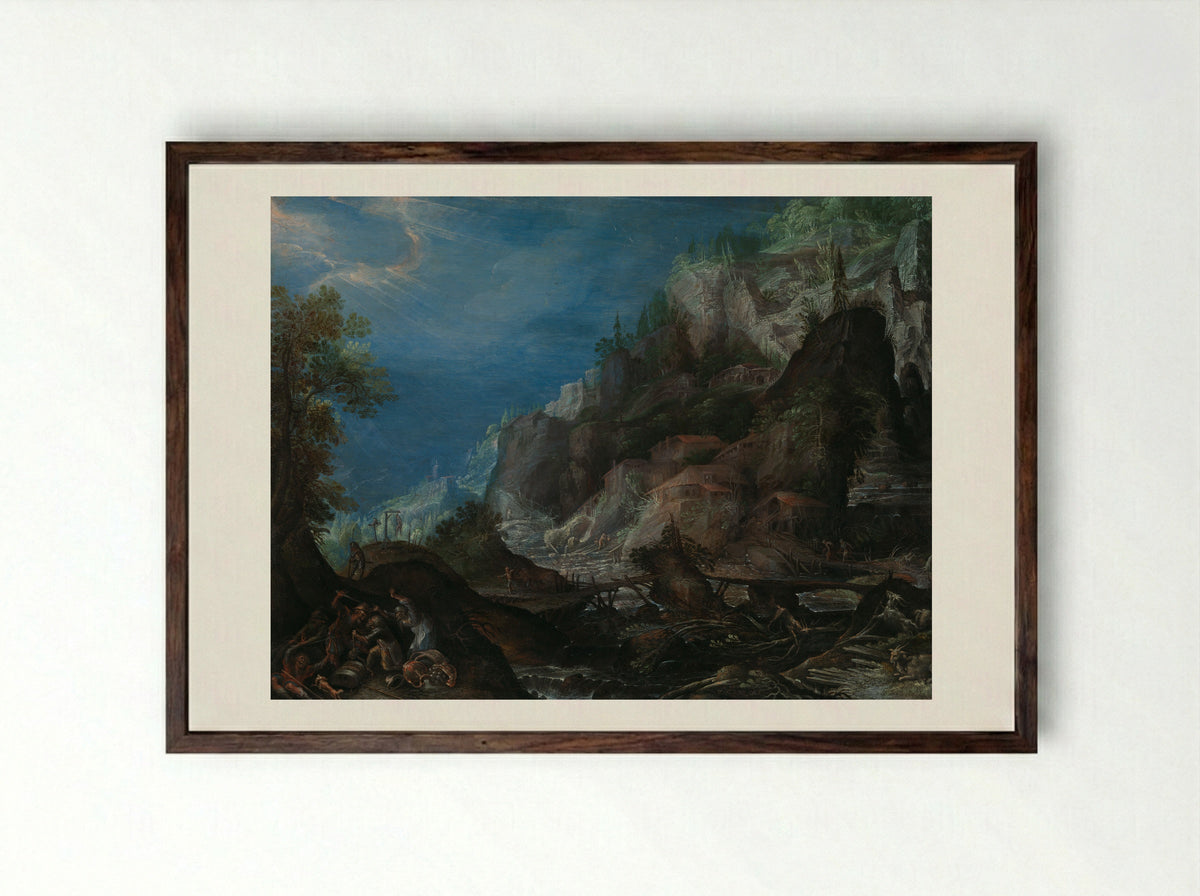 Mountainous Scene with Figures - Frederik van Valckenborch - Framed Print Dark Wood