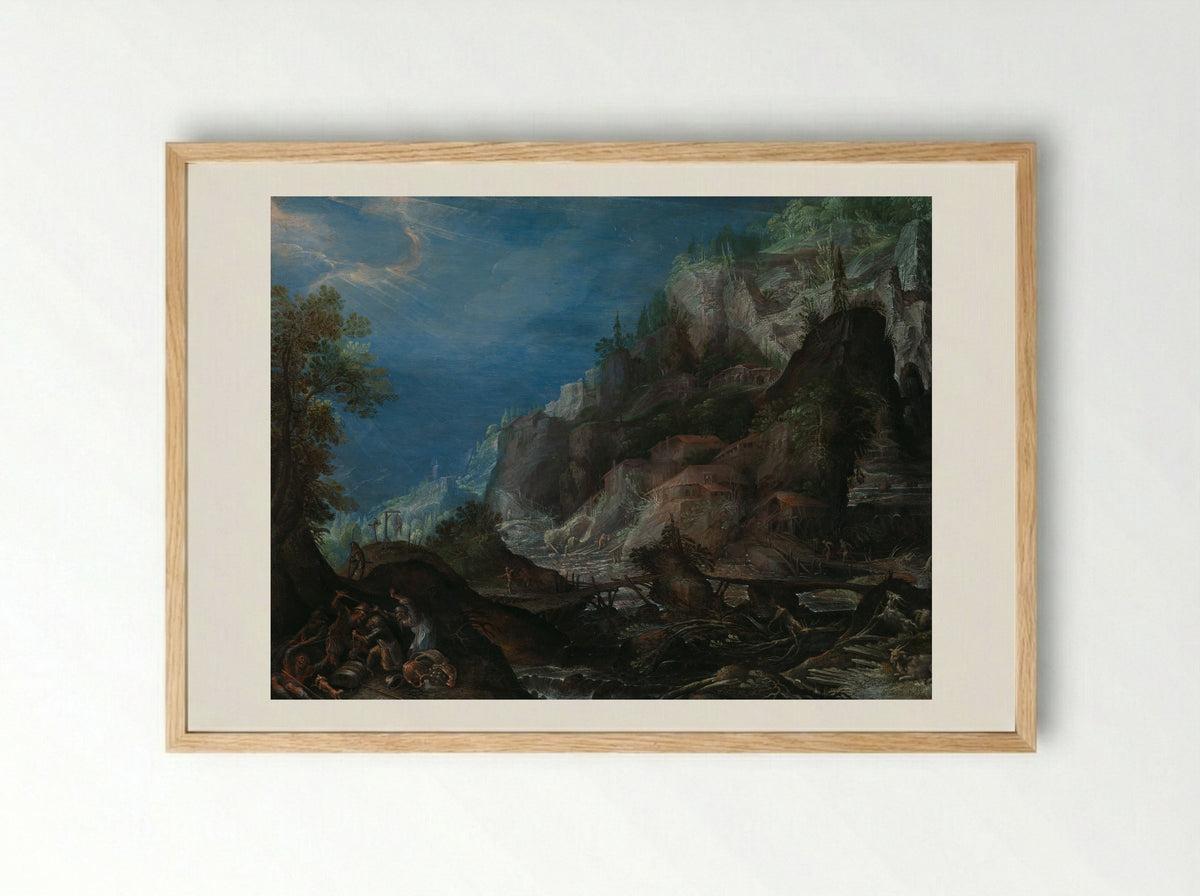 Mountainous Scene with Figures - Frederik van Valckenborch - Framed Print Wood