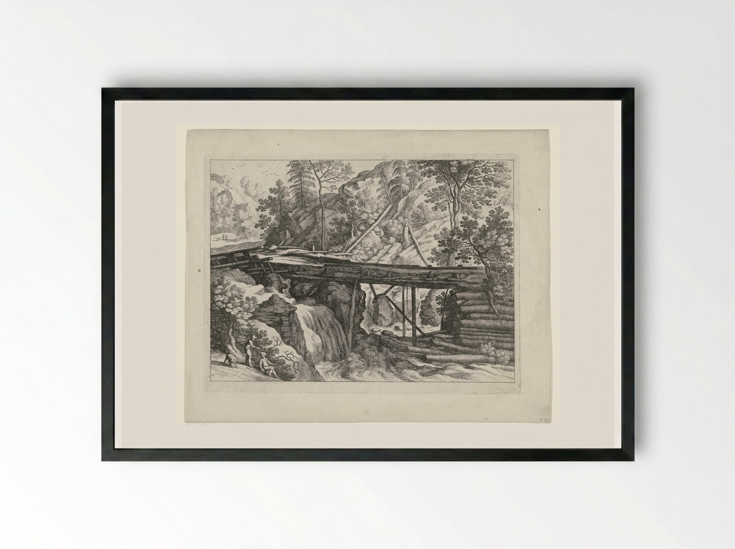 Mountainous Scene with Wooden Aqueduct - Guilliam van Nieulandt (II) - Framed Print Black