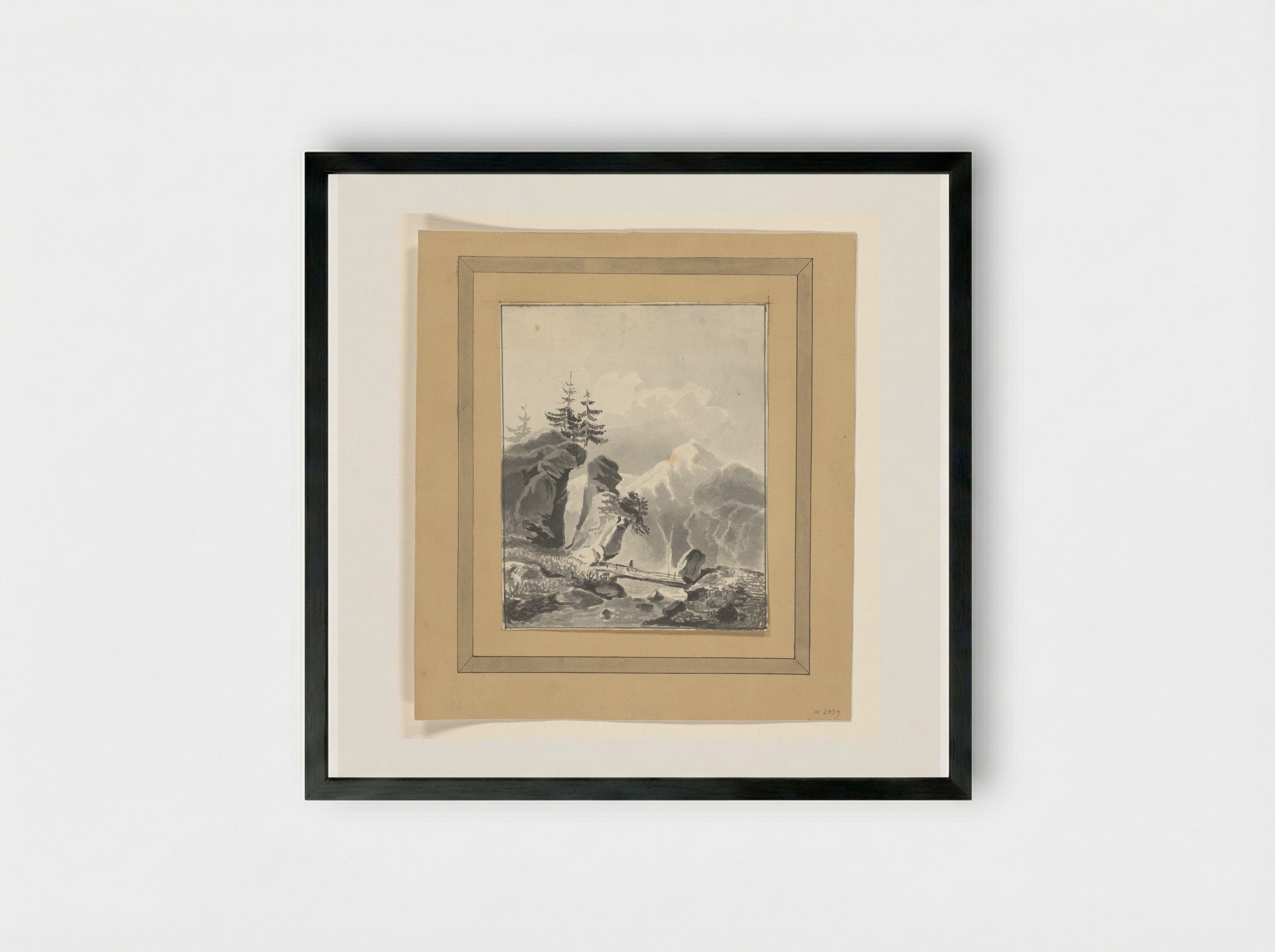 Mountainous Scene with Wooden Bridge over a River - Johannes van Reijn - Framed Print Black