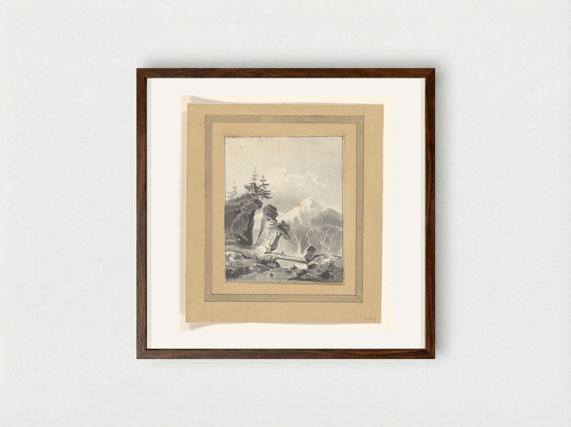 Mountainous Scene with Wooden Bridge over a River - Johannes van Reijn - Framed Print Dark Wood