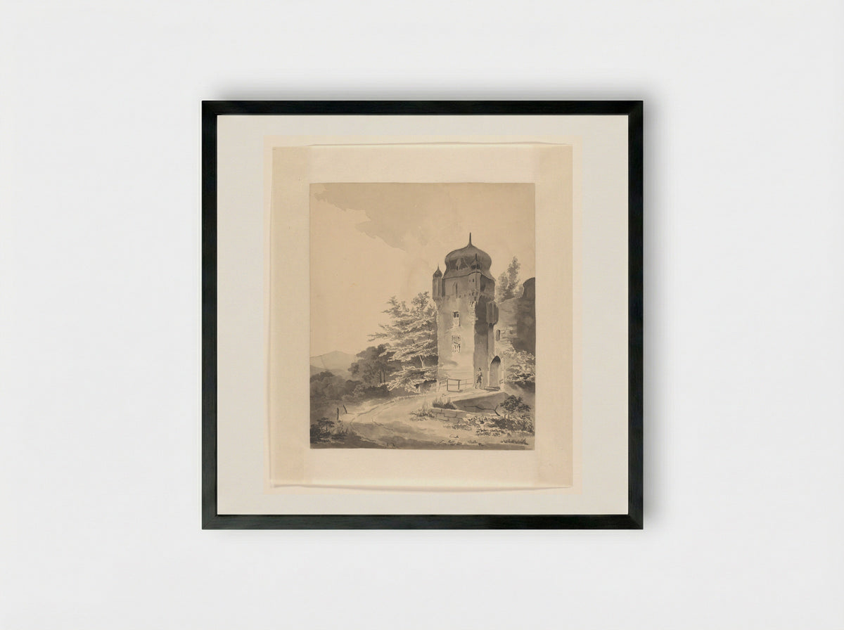 Mountainous Scene with a Traveller near a Tower - Johannes van Reijn - Framed Print Black