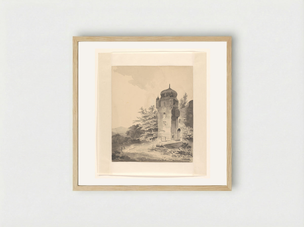 Mountainous Scene with a Traveller near a Tower - Johannes van Reijn - Framed Print Wood