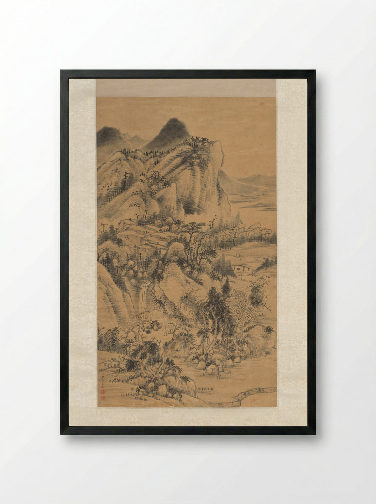 Mountainous Scenery with Pavilions - Dong Gao - Framed Print Black