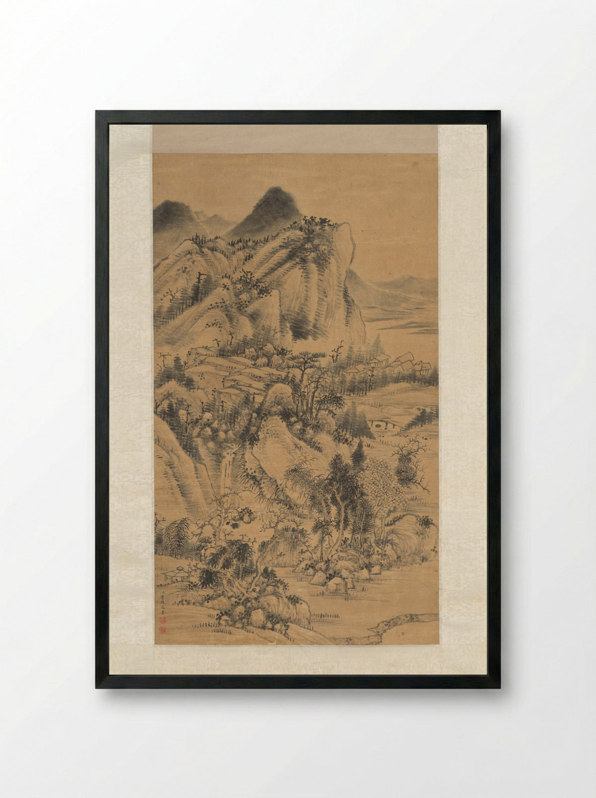 Mountainous Scenery with Pavilions - Dong Gao - Framed Print Black