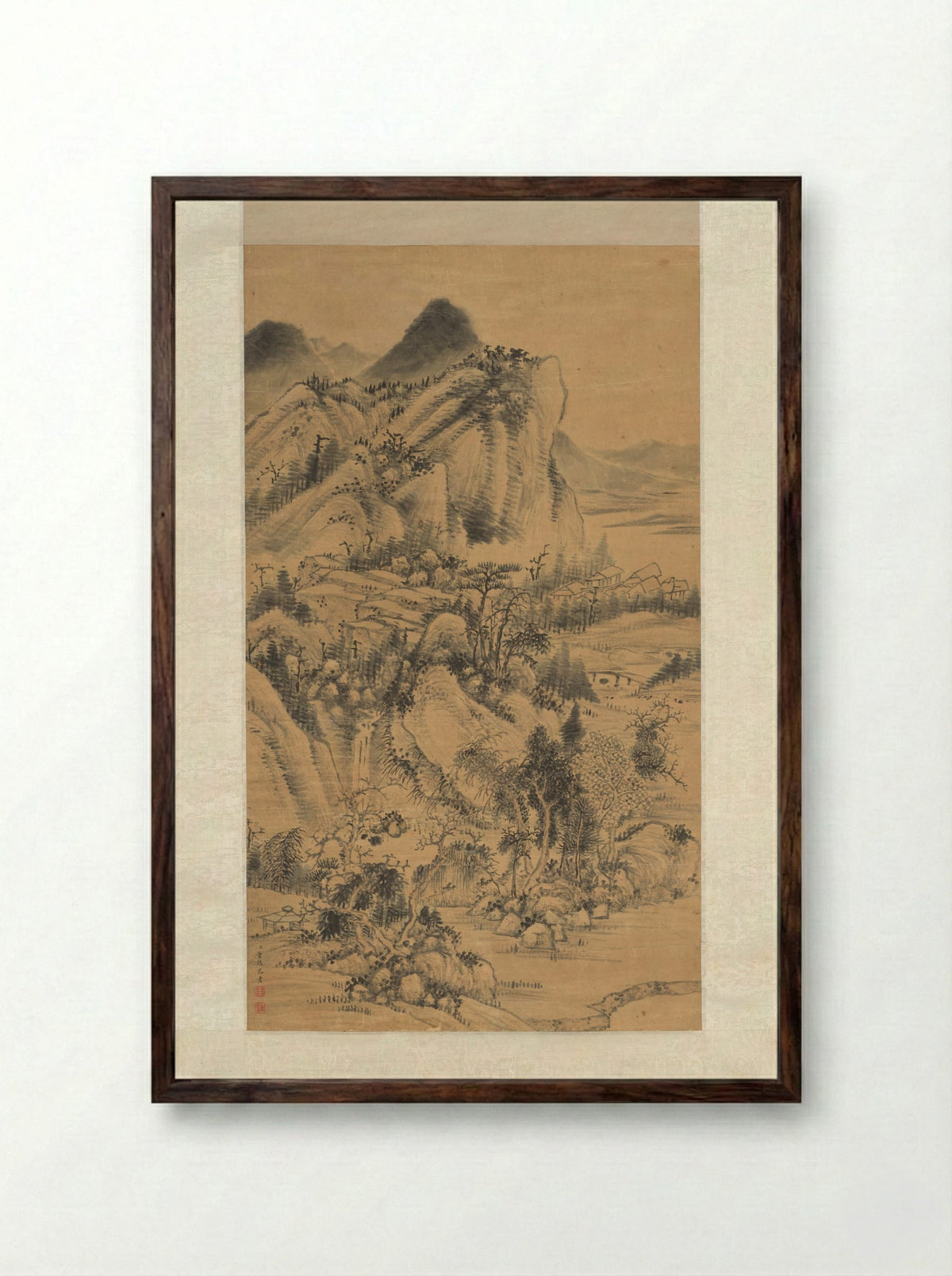 Mountainous Scenery with Pavilions - Dong Gao - Framed Print Dark Wood