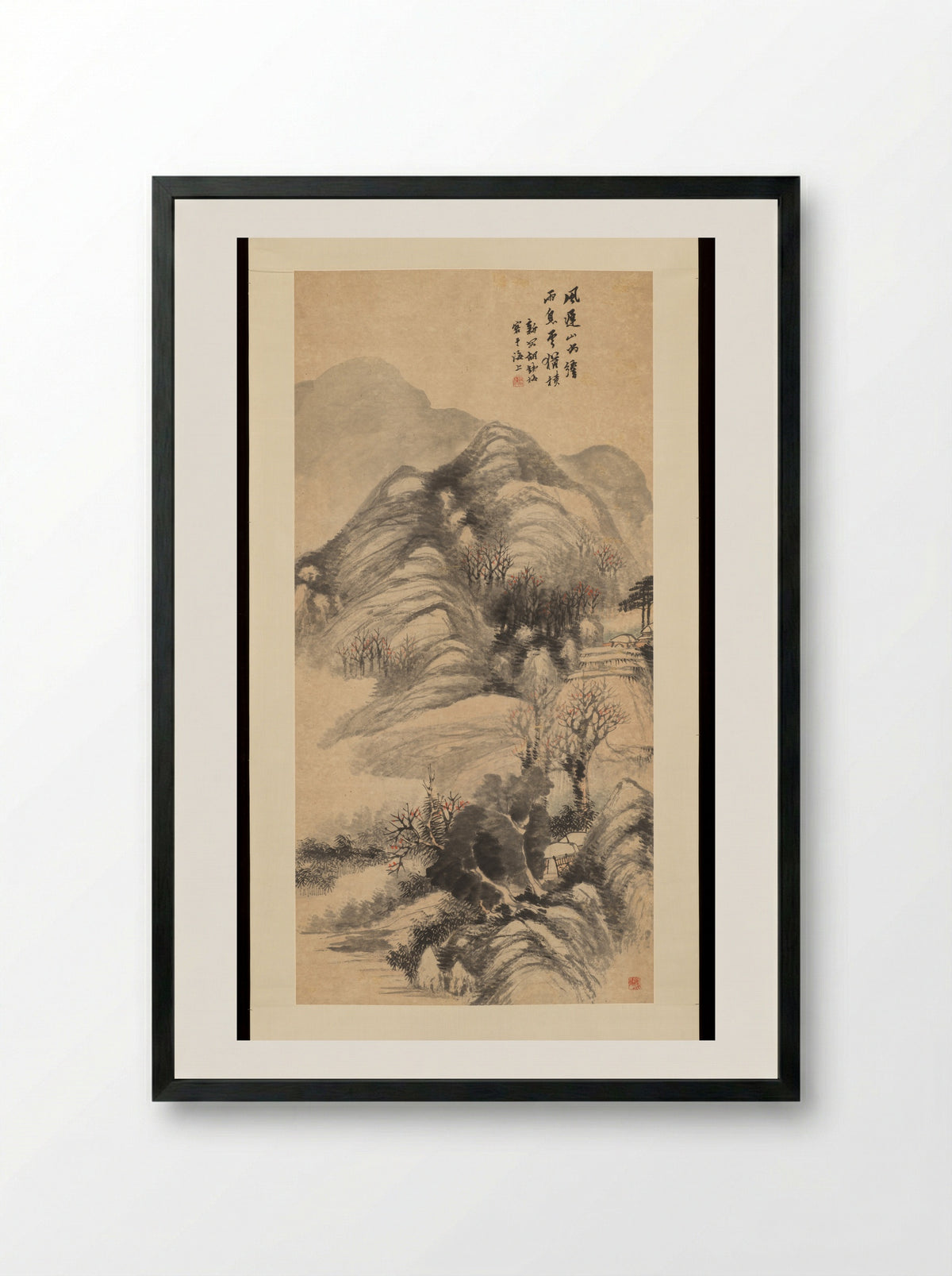 Mountainous Scenery with Trees - Hu Zhang - Framed Print Black