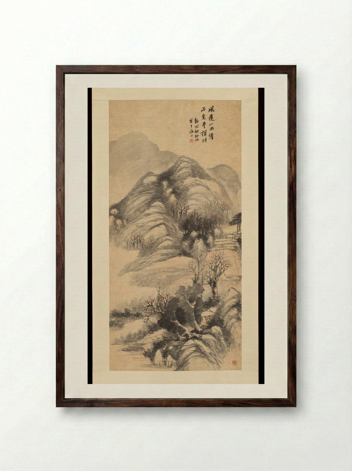 Mountainous Scenery with Trees - Hu Zhang - Framed Print Dark Wood