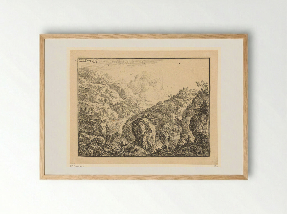 Mountainous View with Waterfalls and a Draughtsman - Heinrich Jonas Ostertag - Framed Print Wood