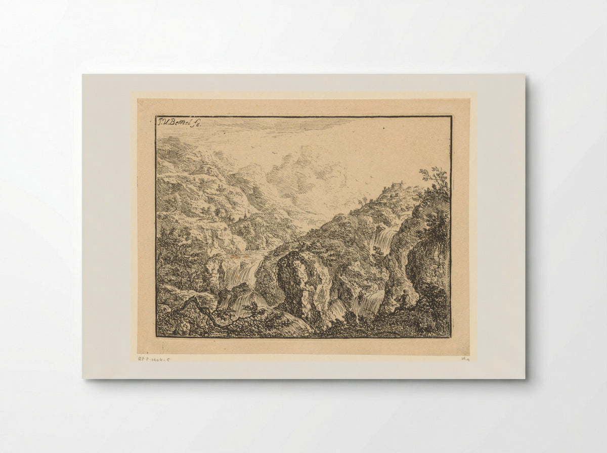 Mountainous View with Waterfalls and a Draughtsman - Heinrich Jonas Ostertag - Poster