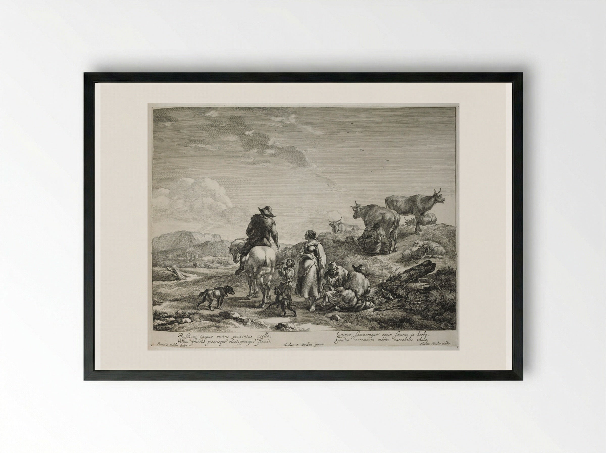 Mounted Farmer Giving Alms to a Begging Boy - Johannes Visscher - Framed Print Black