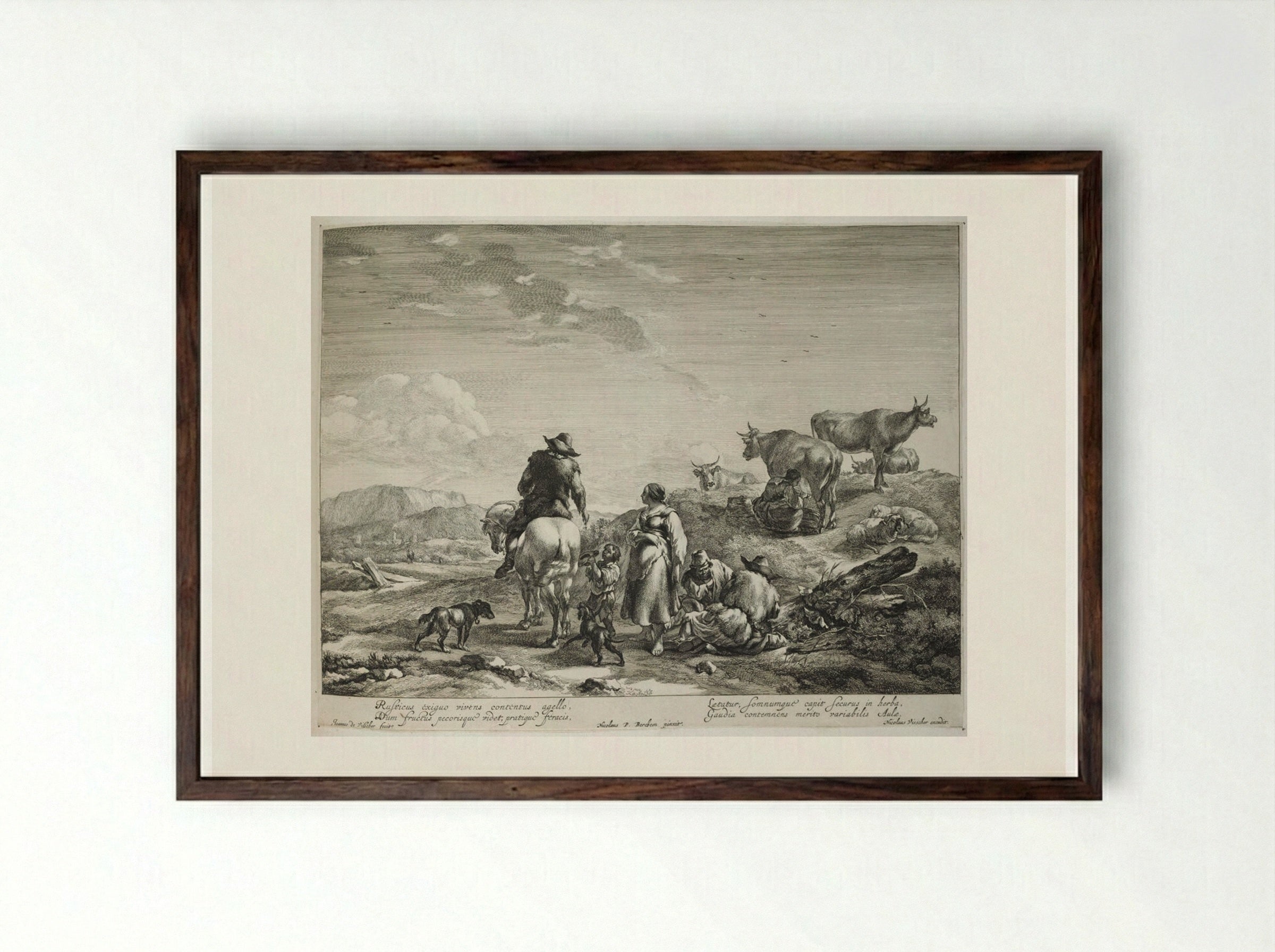 Mounted Farmer Giving Alms to a Begging Boy - Johannes Visscher - Framed Print Dark Wood