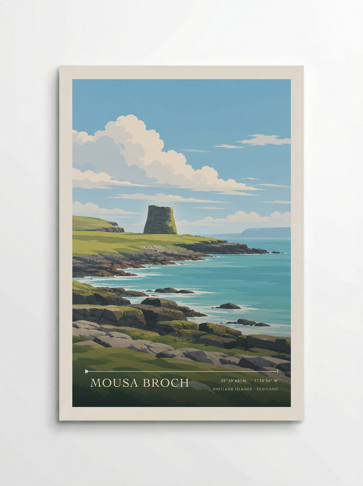 Mousa Broch, Shetland Islands travel poster: its dark curved tower above green shore turf, angular grey rocks and blue sea beneath soft summer clouds