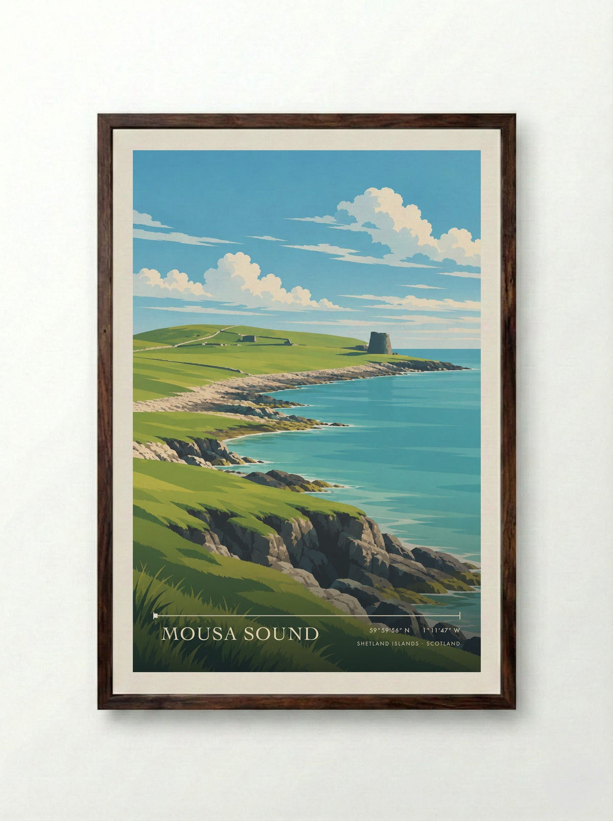 Mousa Sound, Shetland Islands | Travel Poster - Framed Print Dark Wood