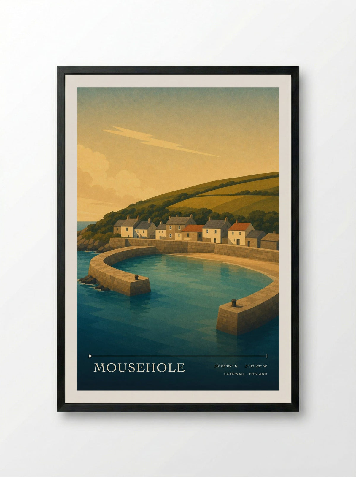 Mousehole Cornwall England Travel Poster - Framed Print Black