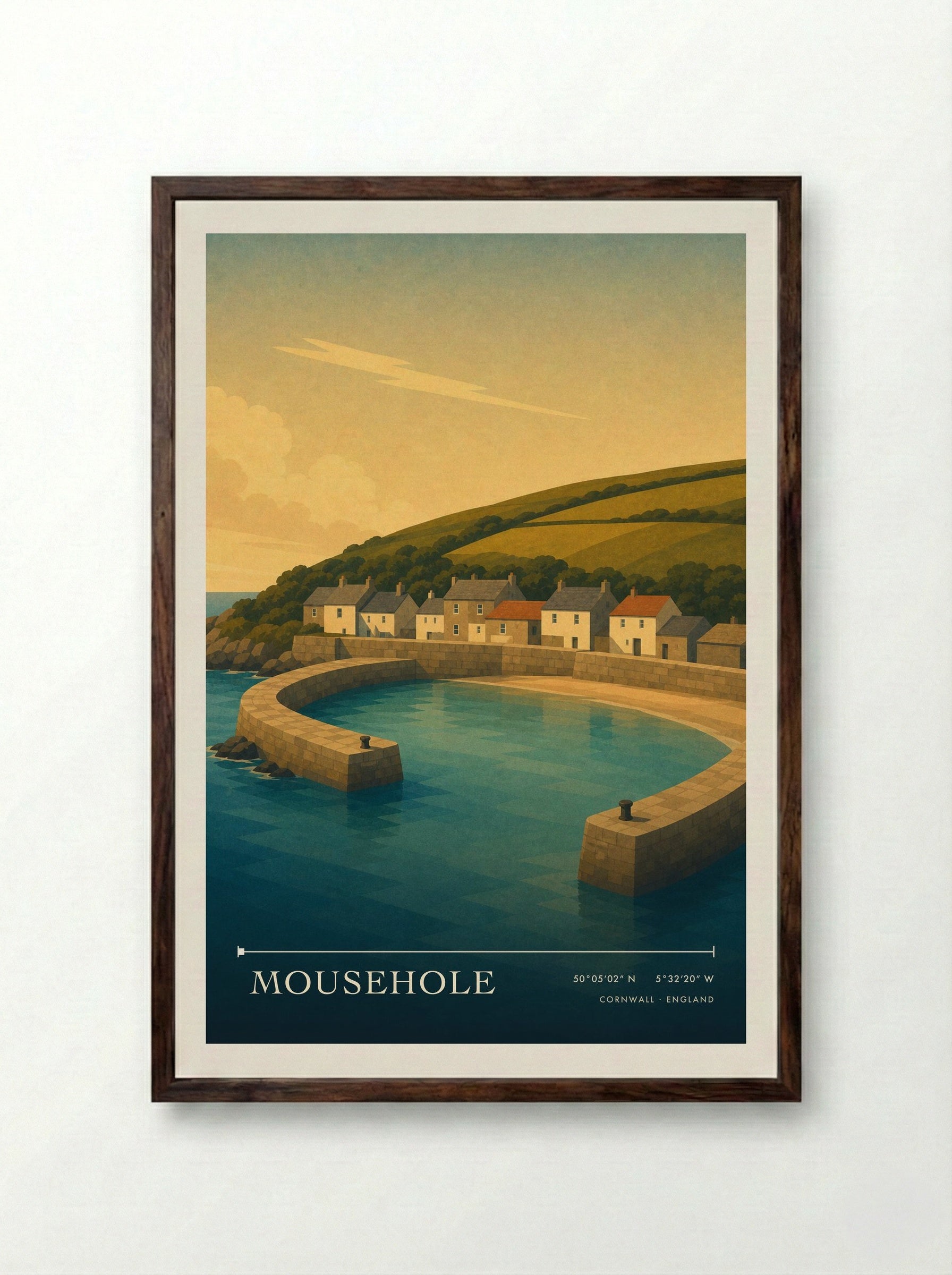 Mousehole Cornwall England Travel Poster - Framed Print Dark Wood