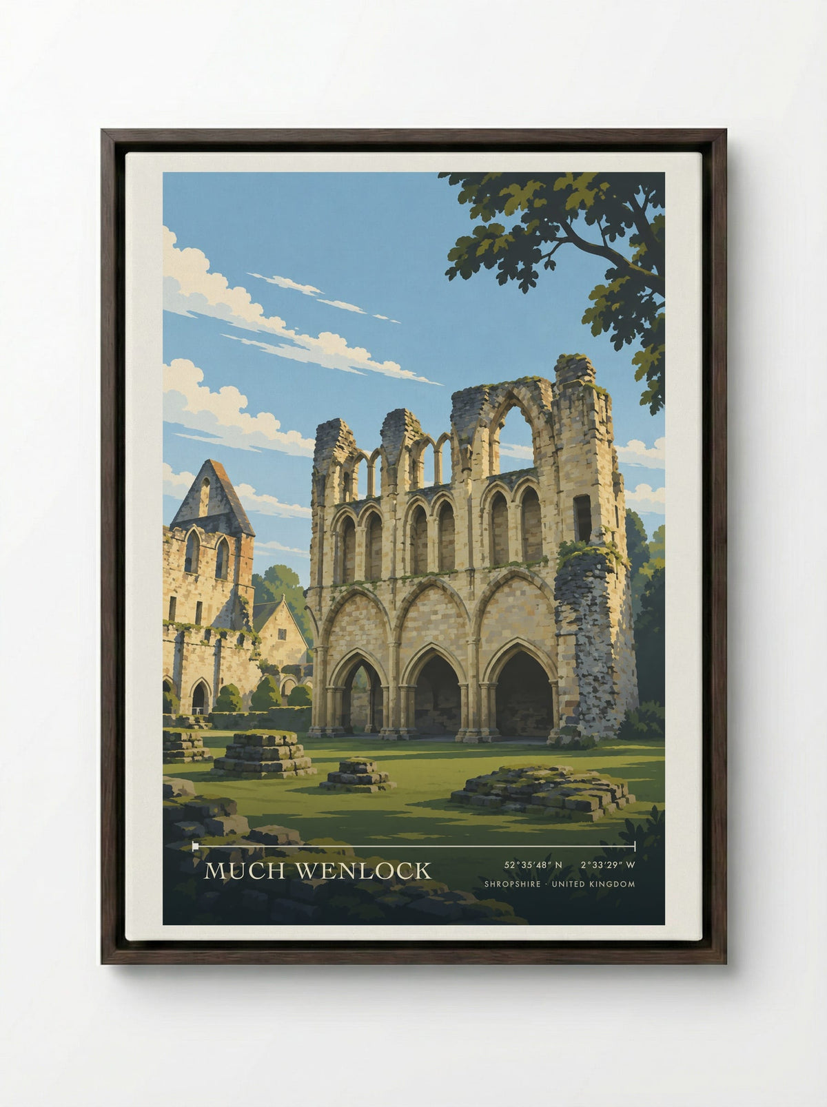 Much Wenlock, Shropshire | Travel Poster - Framed Canvas Dark Wood
