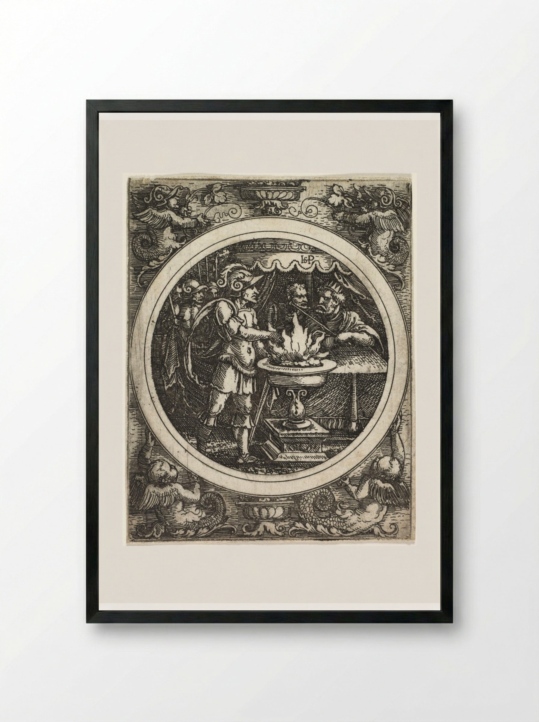 Mucius Scaevola Holding His Hand in the Fire - Hans Sebald Beham - Framed Print Black