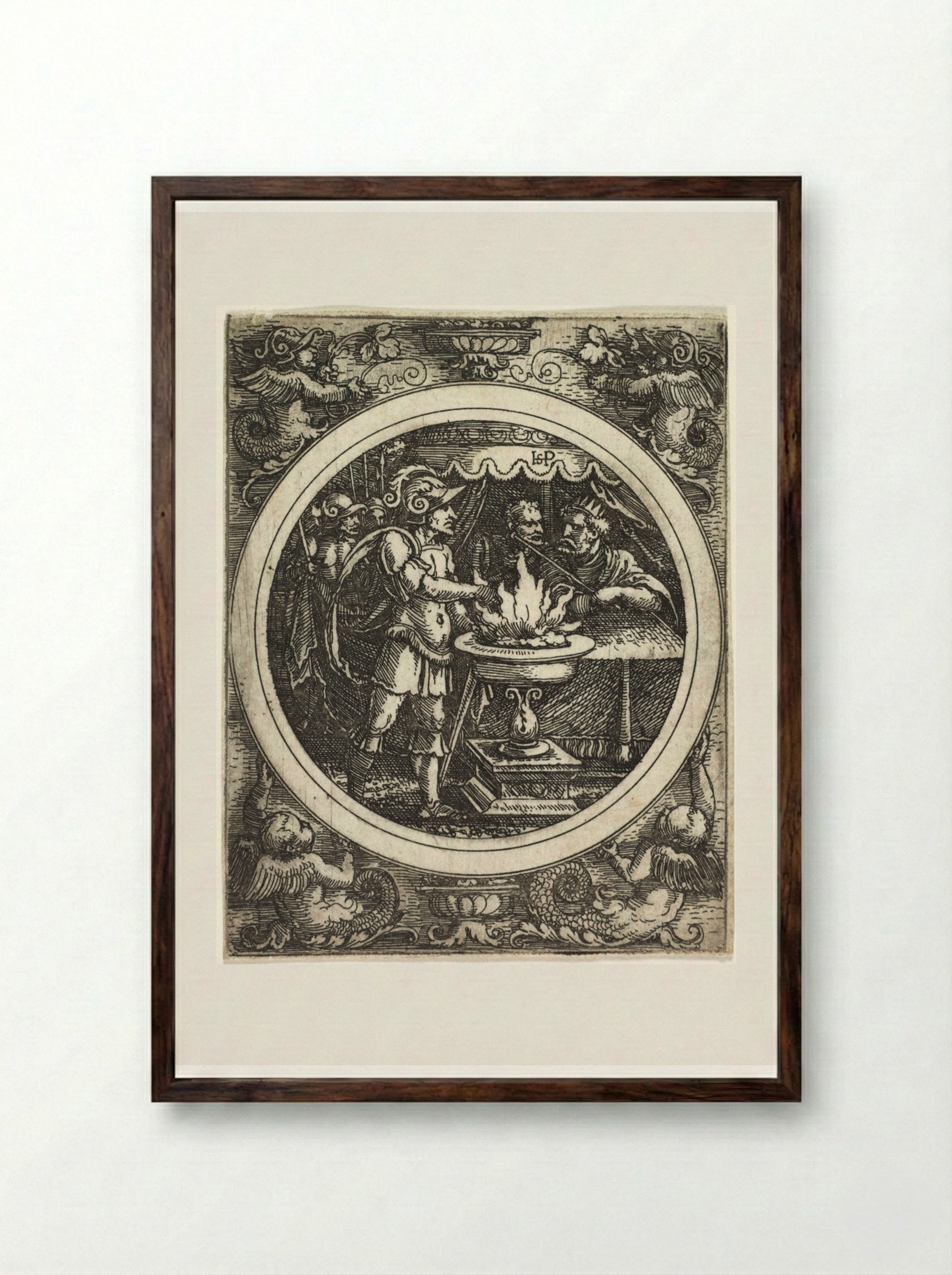 Mucius Scaevola Holding His Hand in the Fire - Hans Sebald Beham - Framed Print Dark Wood