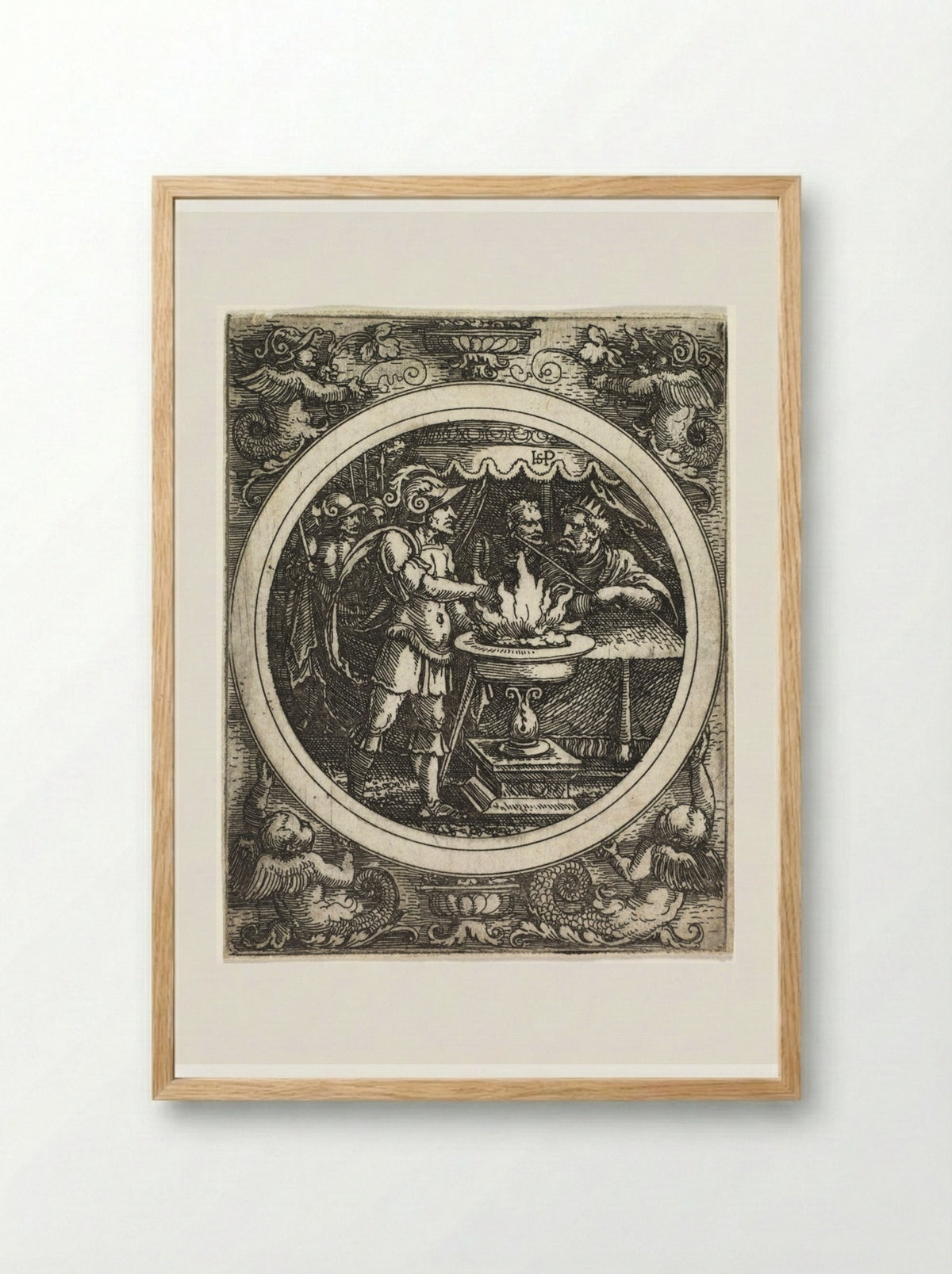 Mucius Scaevola Holding His Hand in the Fire - Hans Sebald Beham - Framed Print Wood