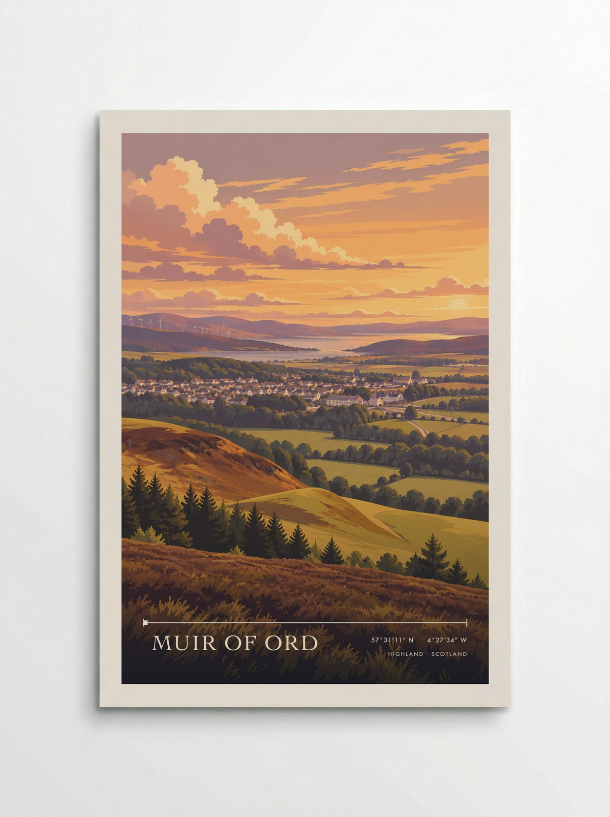 Muir of Ord, Highland travel poster: pale village houses, golden fields and distant water beneath a warm peach late summer evening sky