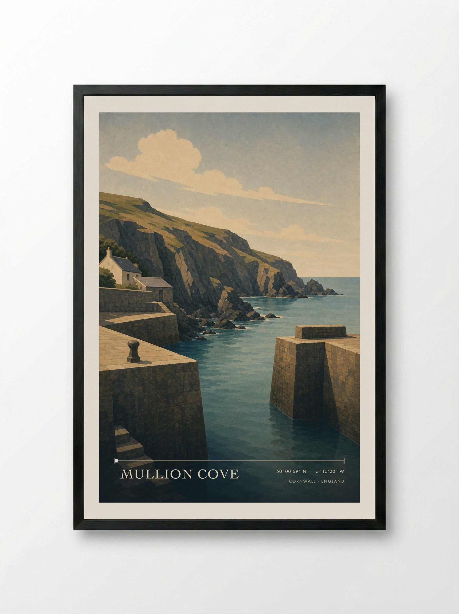 Mullion Cove Cornwall England Travel Poster - Framed Print Black
