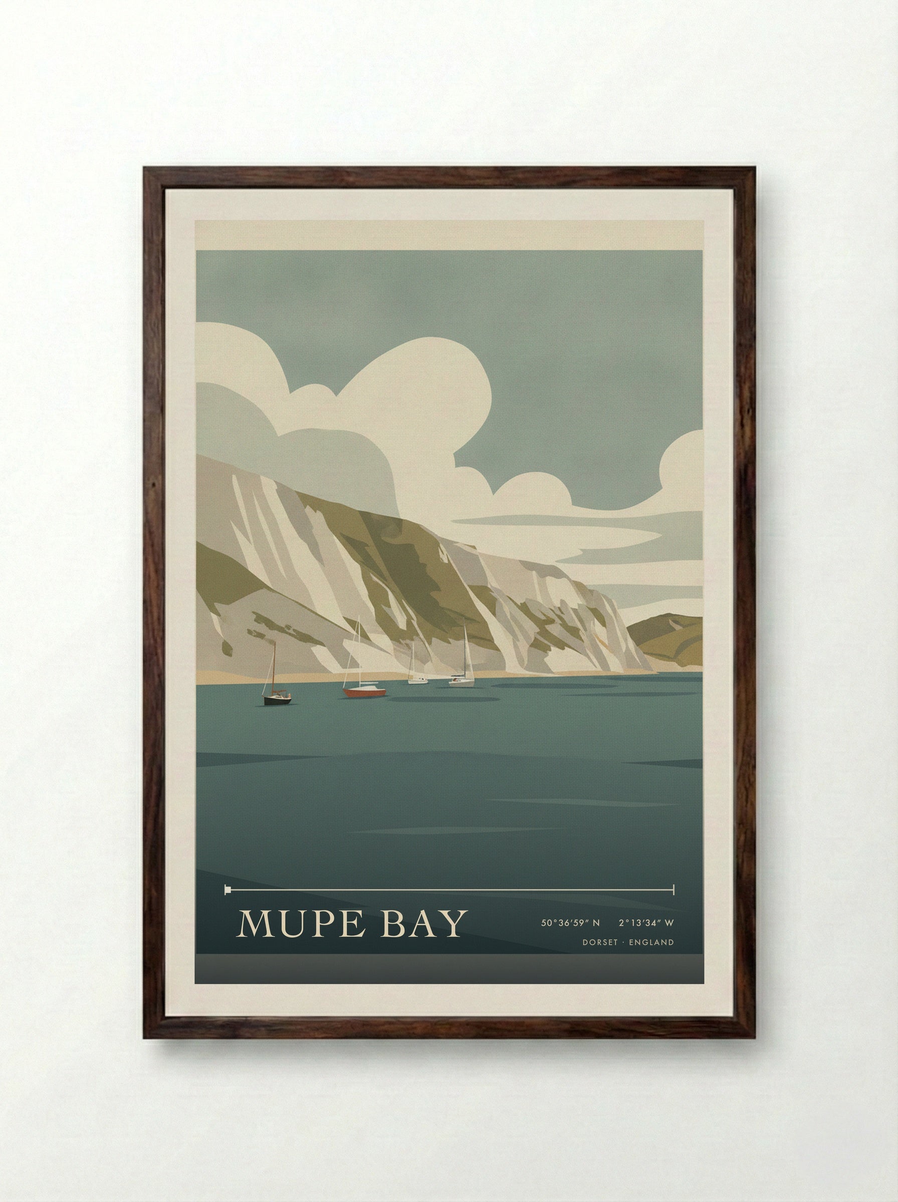 Mupe Bay Dorset England Travel Poster - Framed Print Dark Wood