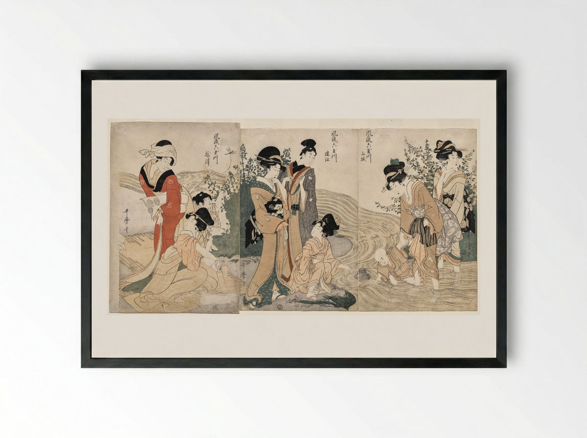 Musashi, Omi, Yamashiro, and Settsu Provinces from the series Fashionable Six Jewel Rivers (Furyu Mu Tamagawa) - Kitagawa Utamaro - Framed Print Black