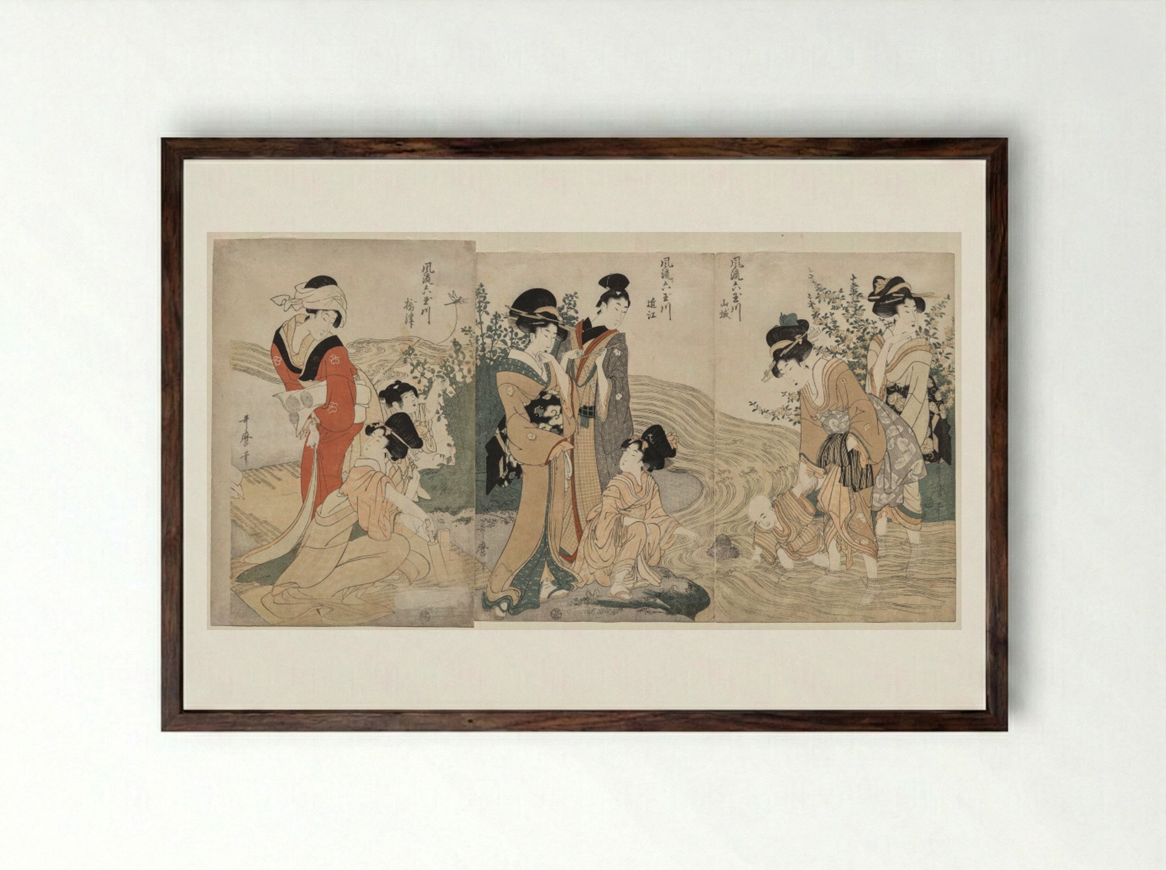 Musashi, Omi, Yamashiro, and Settsu Provinces from the series Fashionable Six Jewel Rivers (Furyu Mu Tamagawa) - Kitagawa Utamaro - Framed Print Dark Wood