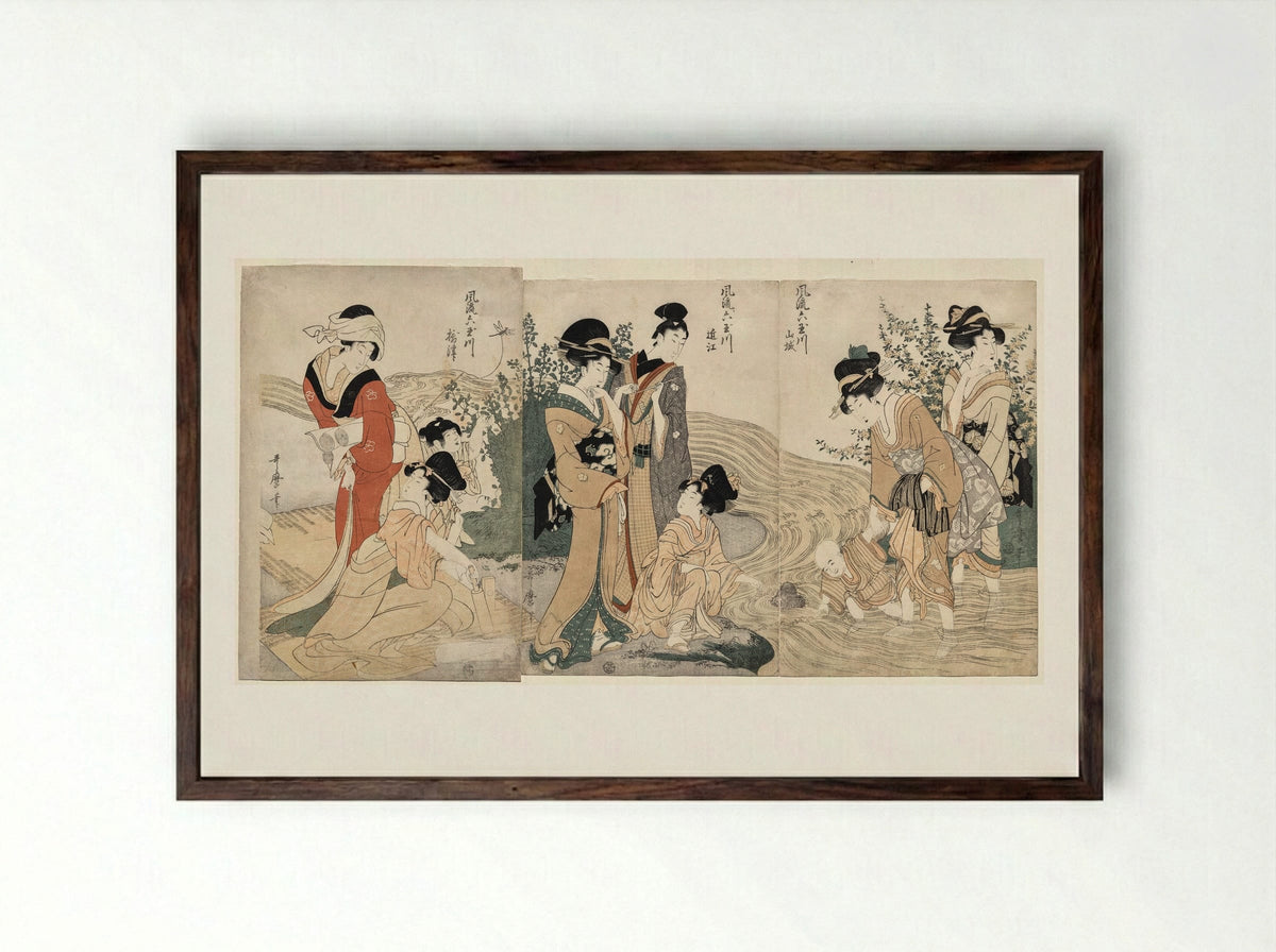 Musashi, Omi, Yamashiro, and Settsu Provinces from the series Fashionable Six Jewel Rivers (Furyu Mu Tamagawa) - Kitagawa Utamaro - Framed Print Dark Wood