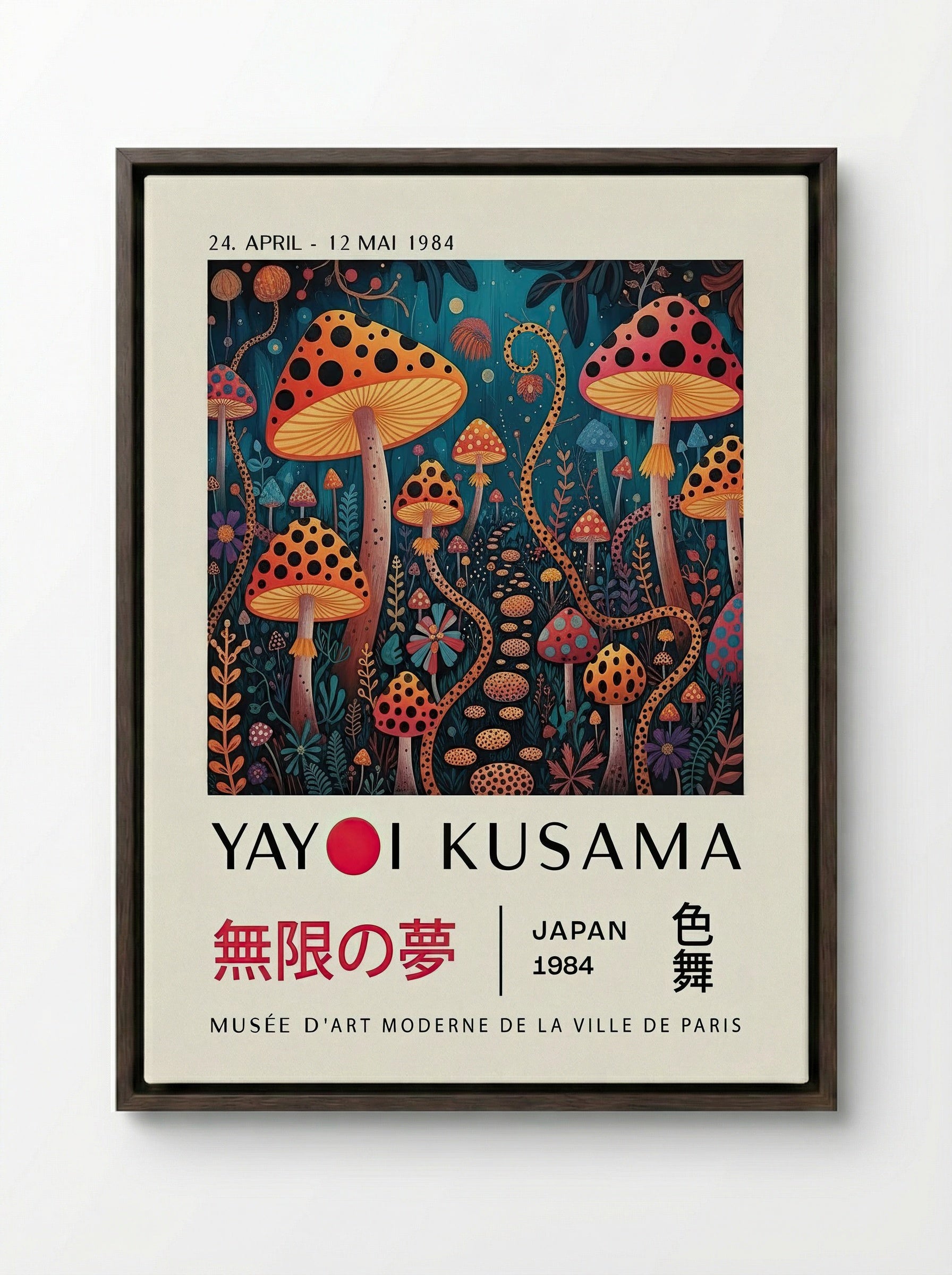 Mushroom Dreamscape - Yayoi Kusama - Framed Canvas Dark Wood