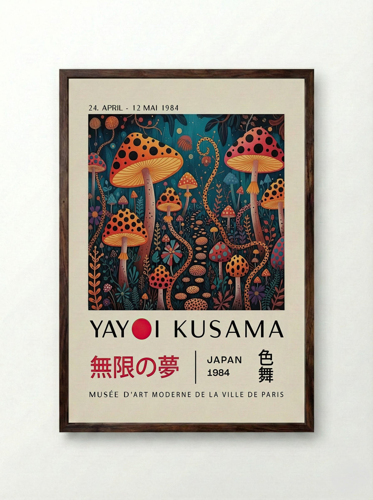 Mushroom Dreamscape - Yayoi Kusama - Framed Print Dark Wood