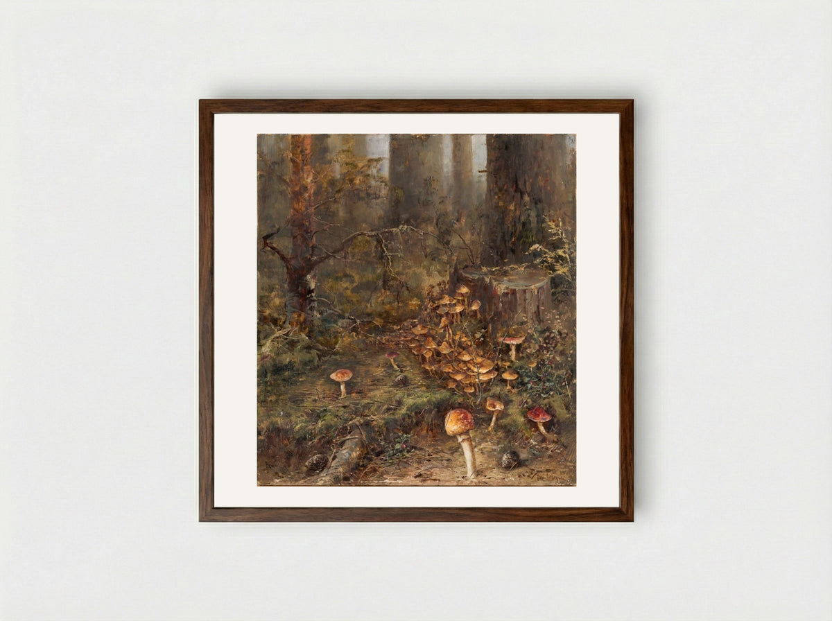 Mushrooms in a Forest - Julius Sergius von Klever - Framed Print Dark Wood