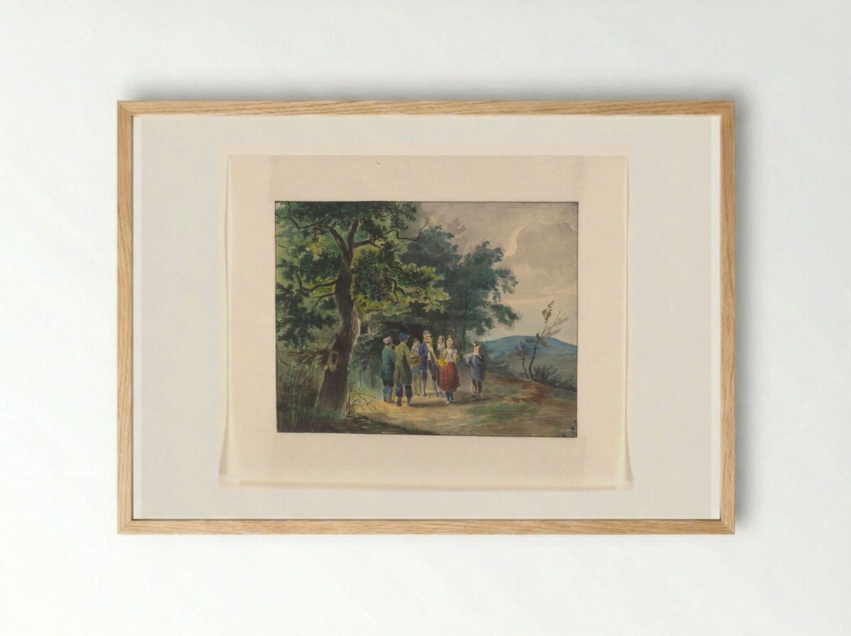 Musicerend gezelschap aan een bosrand - Johannes van Reijn - Framed Print Wood
