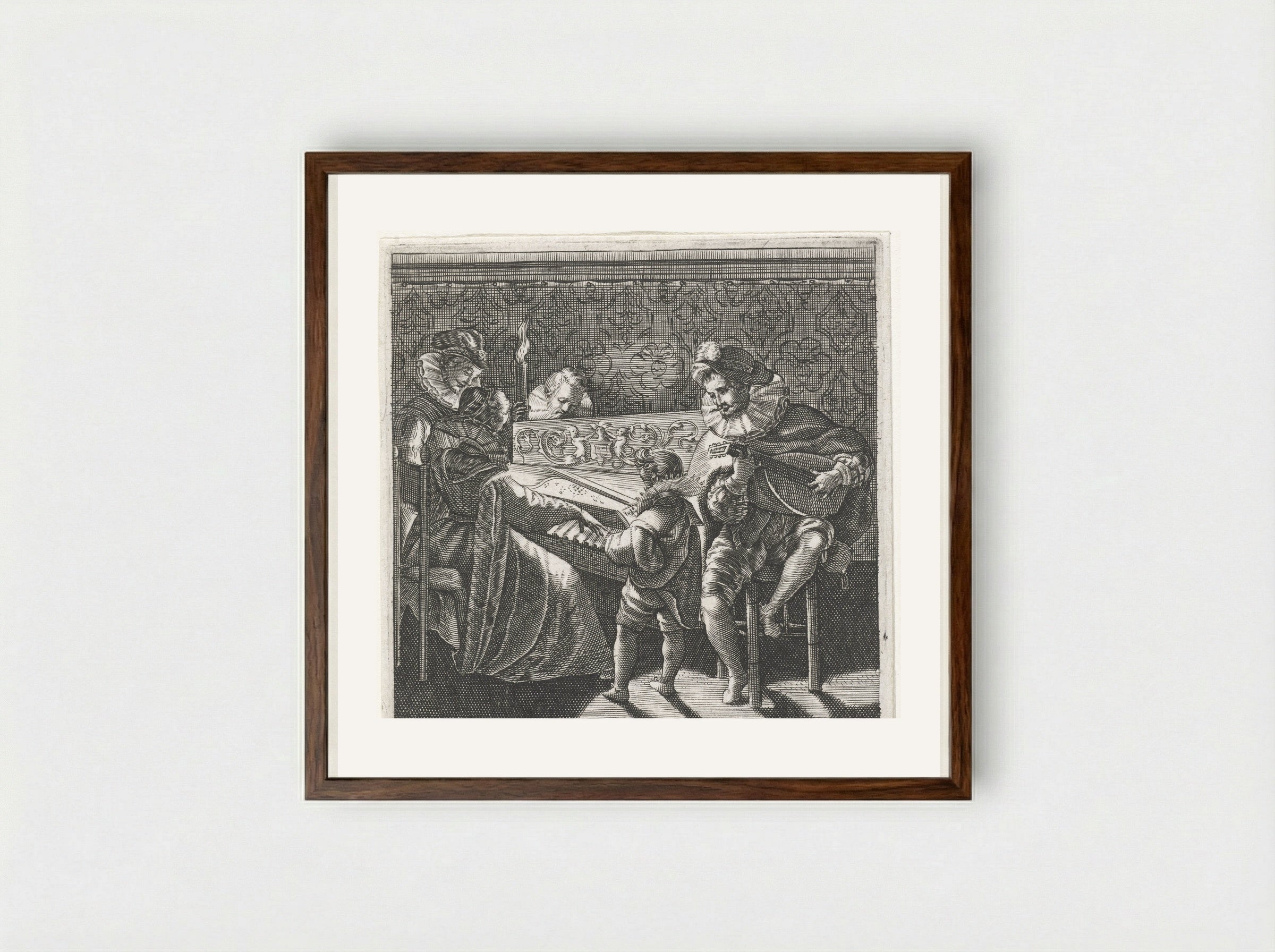 Musicerend gezelschap bij toortslicht - Johann Theodor de Bry - Framed Print Dark Wood