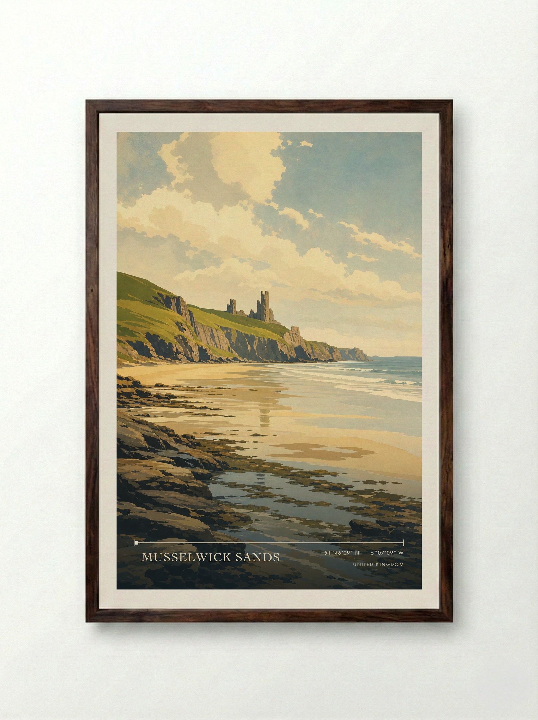 Musselwick Sands United Kingdom Travel Poster - Framed Print Dark Wood