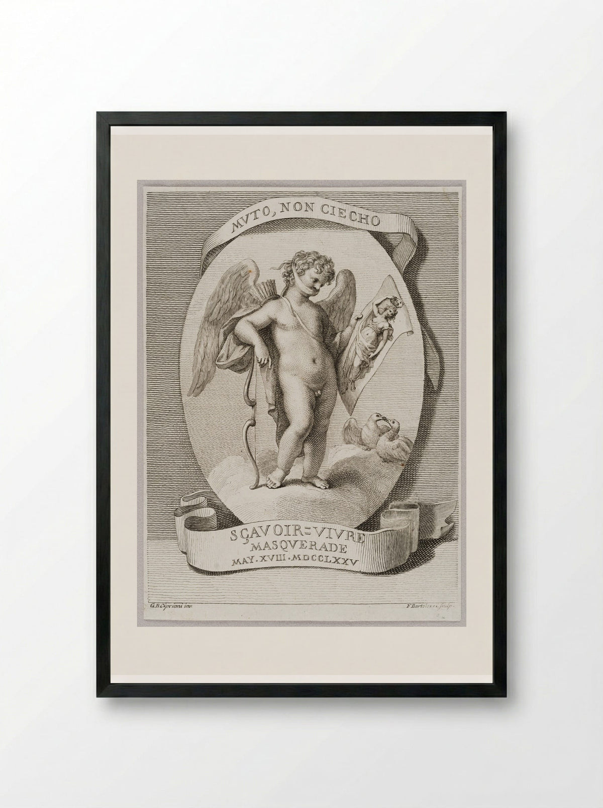 Muto, non Ciecho Sçavoir = Vivre Masquerade - Francesco Bartolozzi - Framed Print Black