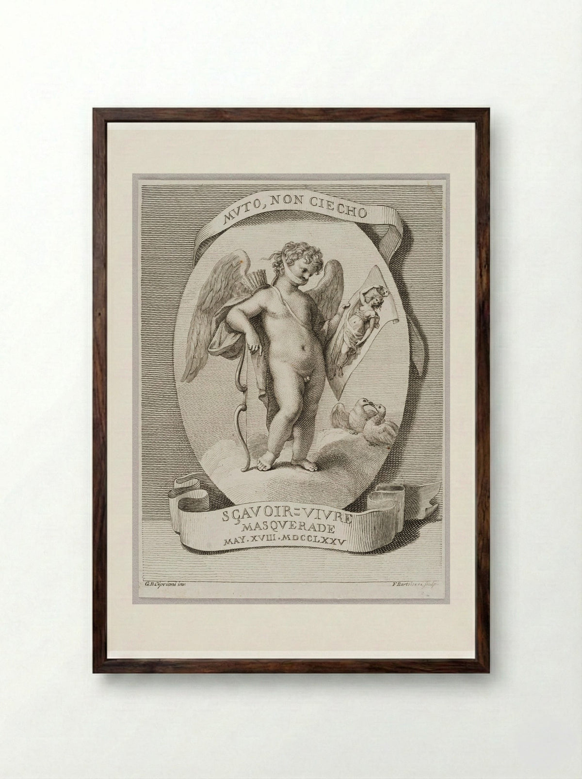 Muto, non Ciecho Sçavoir = Vivre Masquerade - Francesco Bartolozzi - Framed Print Dark Wood