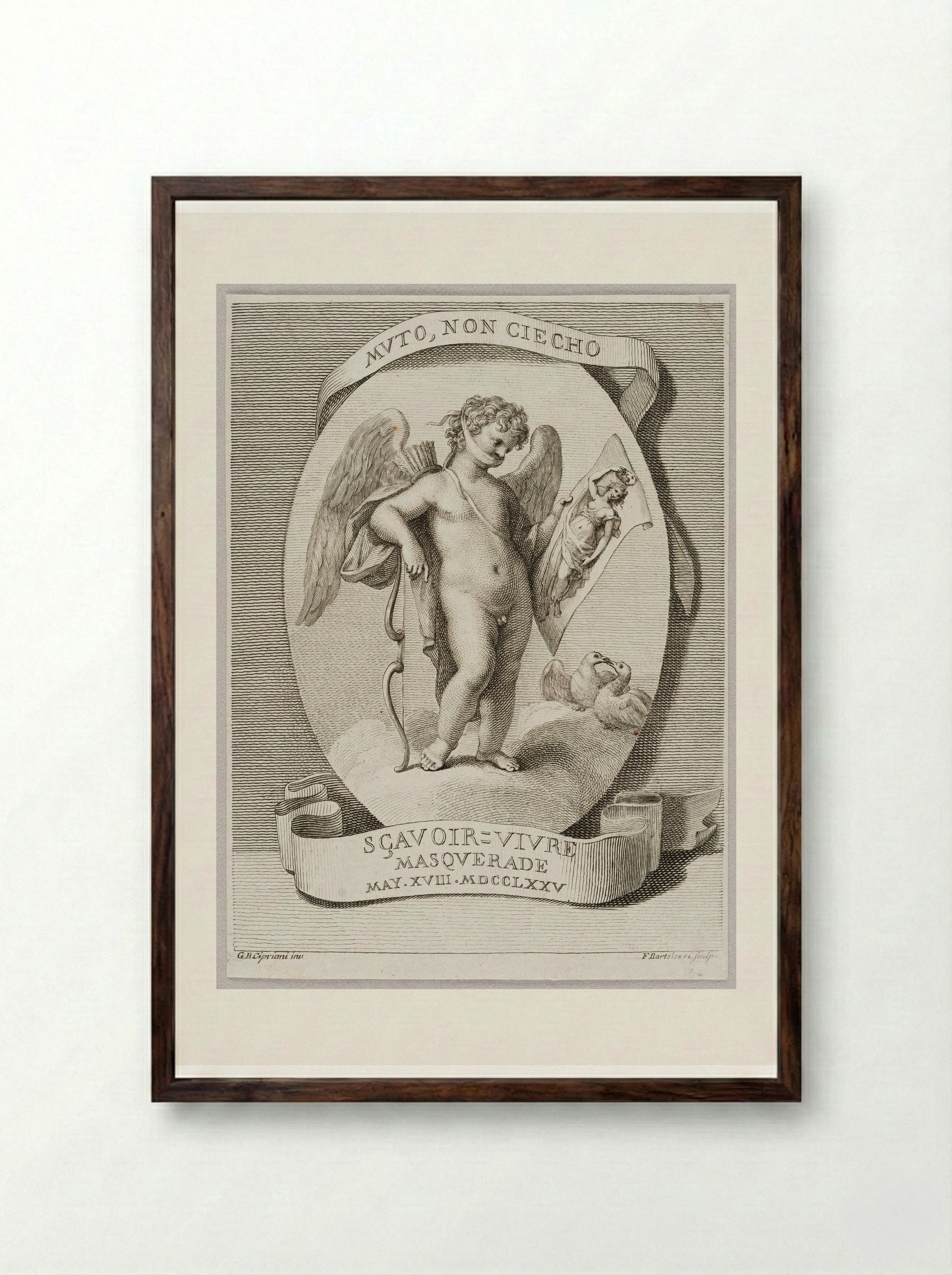 Muto, non Ciecho Sçavoir = Vivre Masquerade - Francesco Bartolozzi - Framed Print Dark Wood