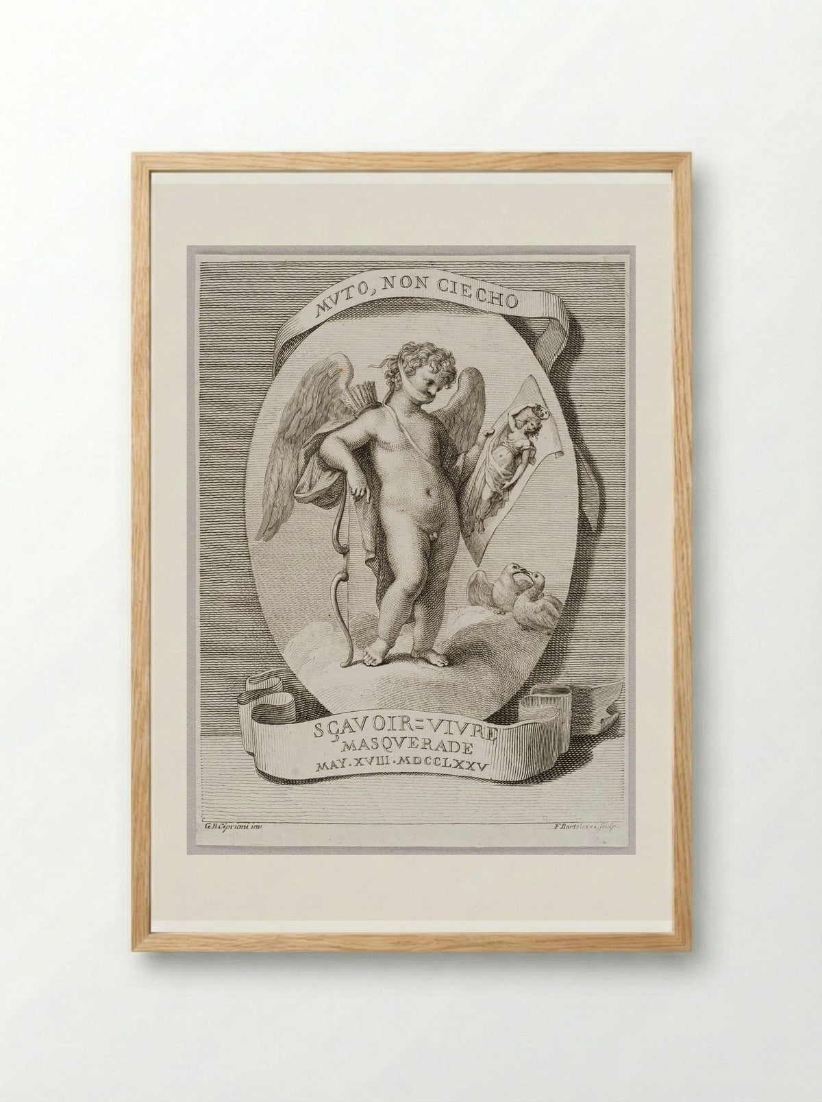Muto, non Ciecho Sçavoir = Vivre Masquerade - Francesco Bartolozzi - Framed Print Wood
