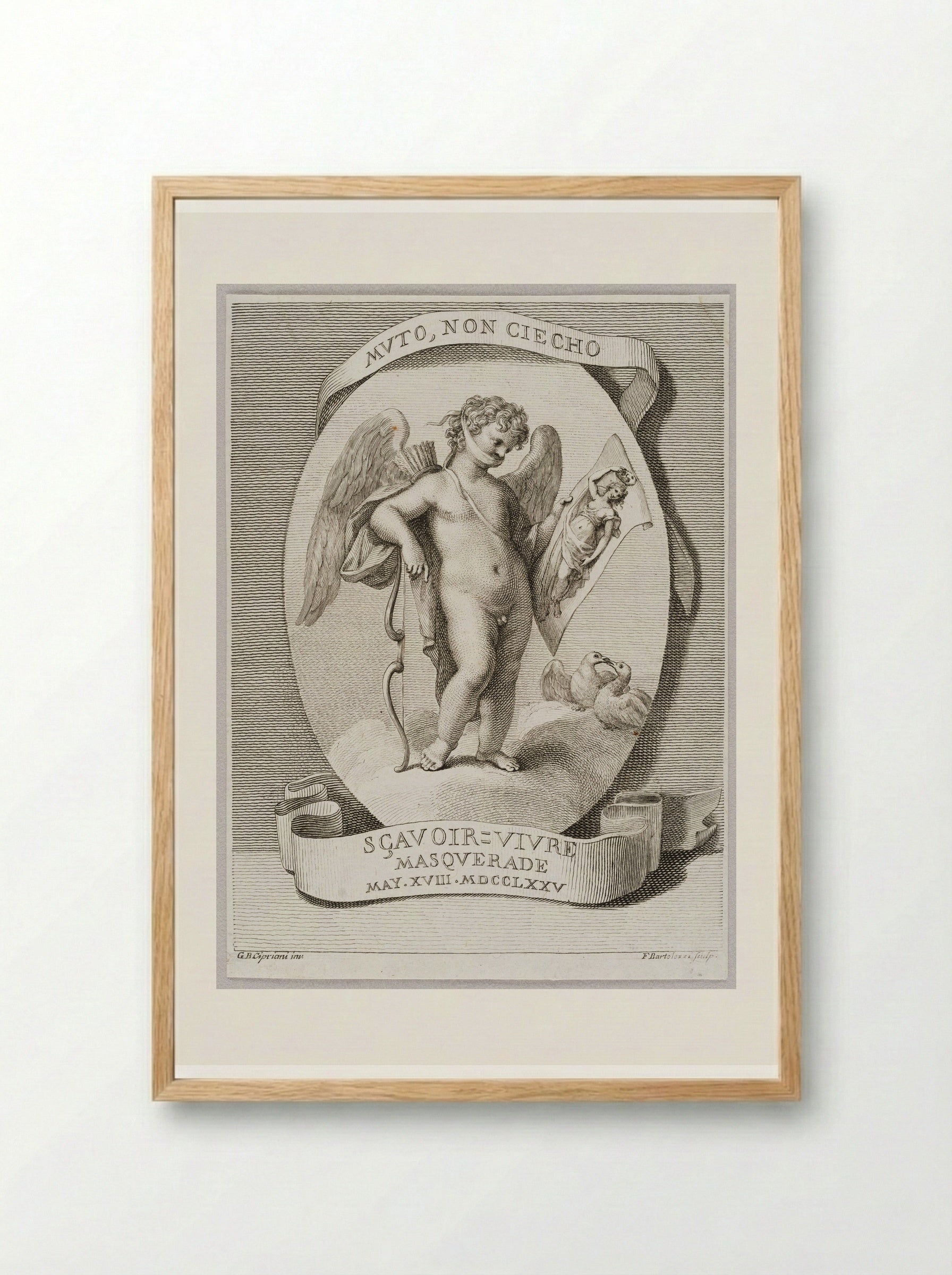 Muto, non Ciecho Sçavoir = Vivre Masquerade - Francesco Bartolozzi - Framed Print Wood