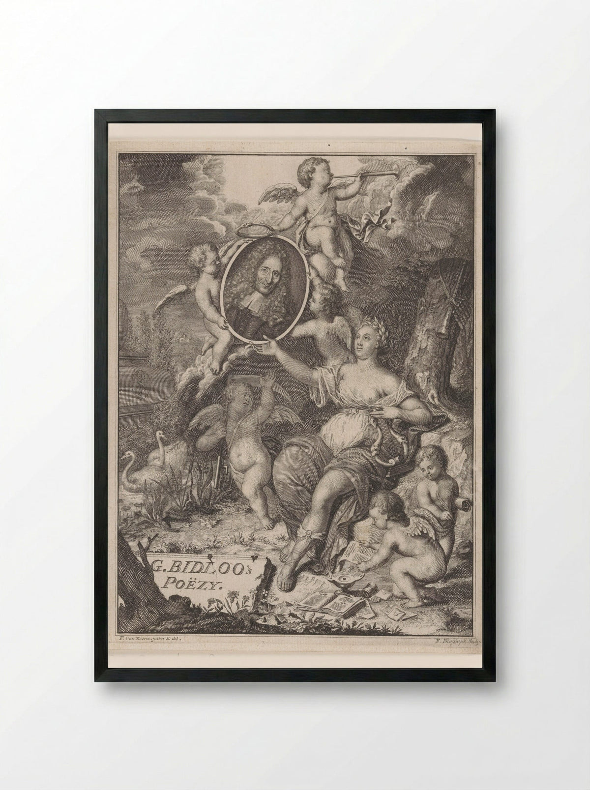 Muze en putti dragen portret van chirurgijn en dichter Govard Bidloo - Johan Arnold Langerak - Framed Print Black