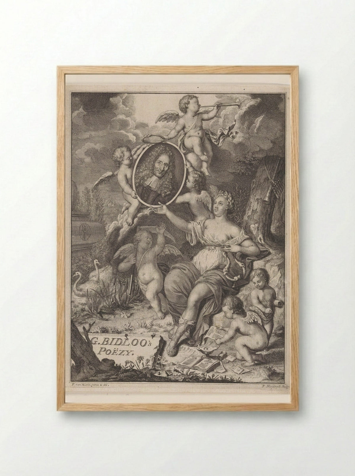 Muze en putti dragen portret van chirurgijn en dichter Govard Bidloo - Johan Arnold Langerak - Framed Print Wood