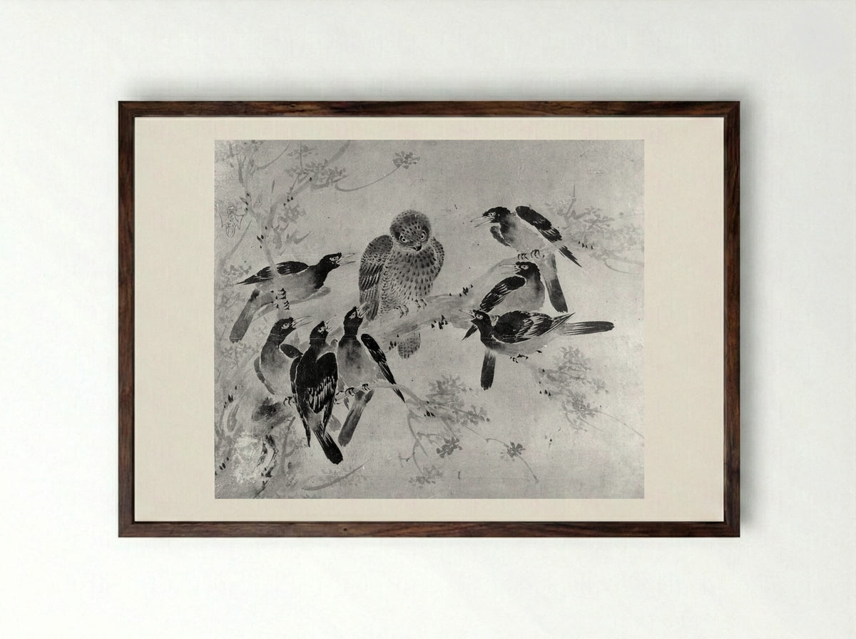 Mynah Birds Attacking an Owl - Sesson Shūkei - Framed Print Dark Wood