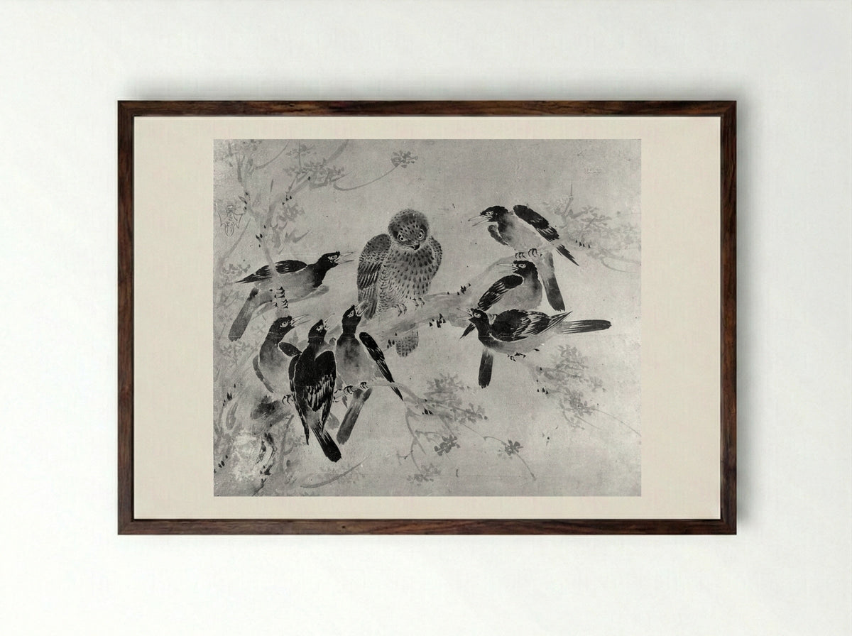 Mynah Birds Attacking an Owl - Sesson Shūkei - Framed Print Dark Wood