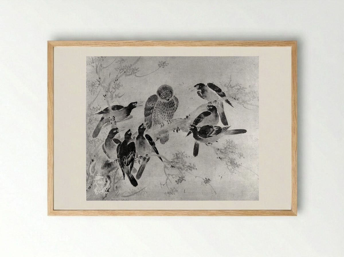 Mynah Birds Attacking an Owl - Sesson Shūkei - Framed Print Wood