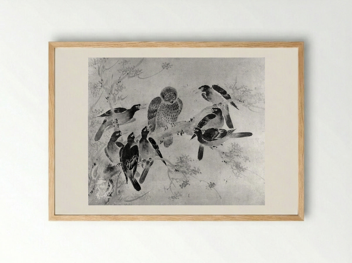 Mynah Birds Attacking an Owl - Sesson Shūkei - Framed Print Wood