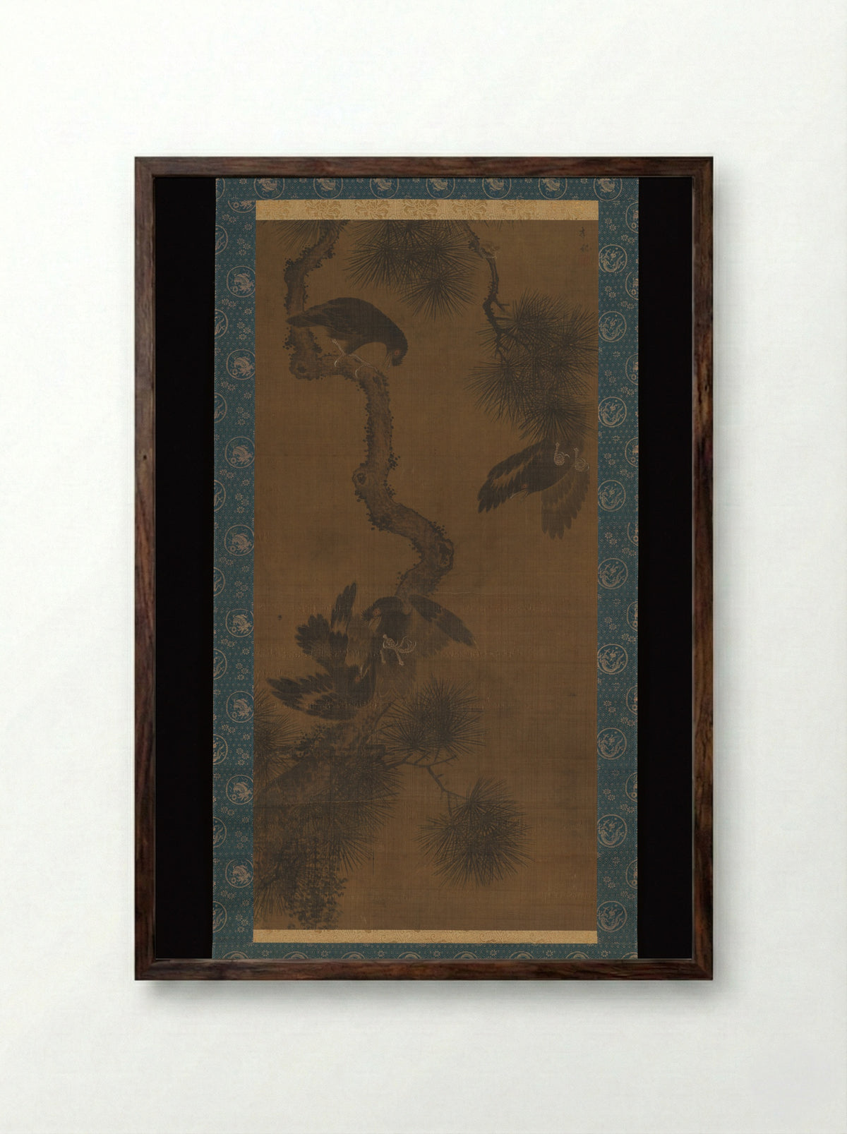 Mynahs on Pine - Yi Gi - Framed Print Dark Wood