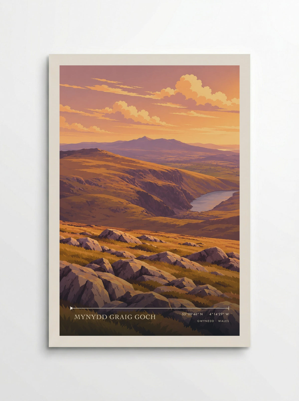 Mynydd Graig Goch, Gwynedd travel poster: purple crags, lichen-marked boulders and golden grass catching warm evening light