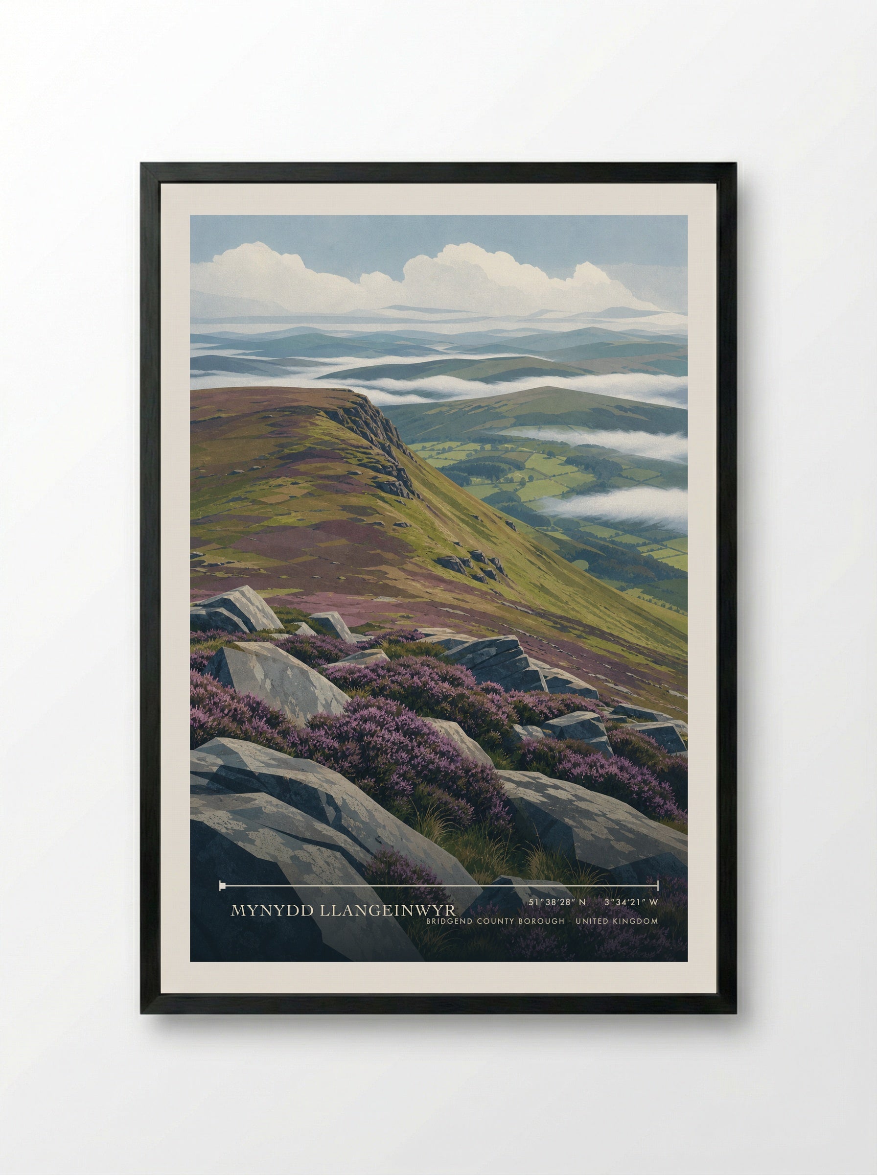 Mynydd Llangeinwyr Bridgend county borough United Kingdom Travel Poster - Framed Print Black